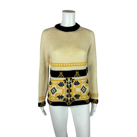 Vintage 60s Sweater Women's Medium Nordic Yellow Pattern Mod Pullover - Picture 1 of 10